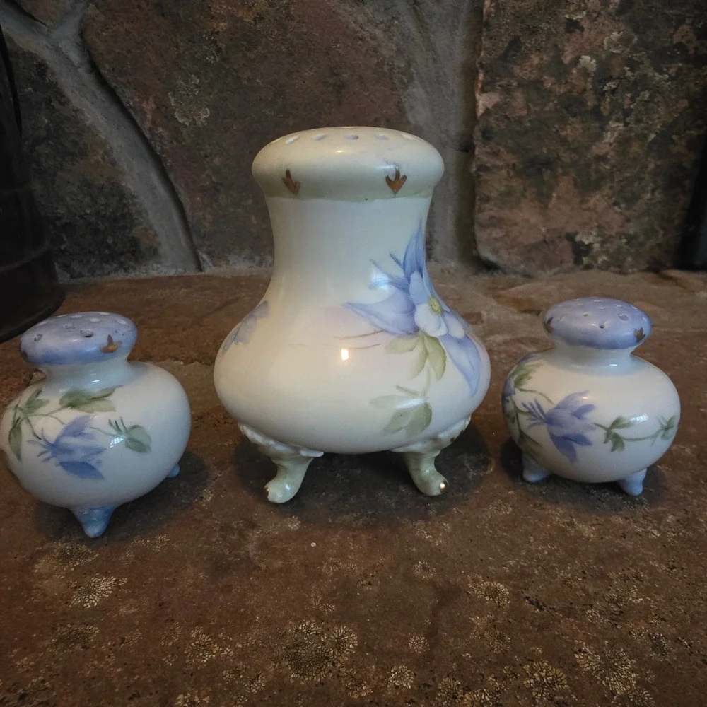 Vintage Hand Painted Japan Porcelain Sugar, Salt, Pepper Shakers Blue Floral